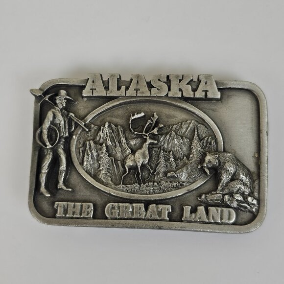 Vtg 1983 Belt Buckle The Great Land Pewter Siskiyou Alaska Bear Moose Hunting 3D - Picture 1 of 10